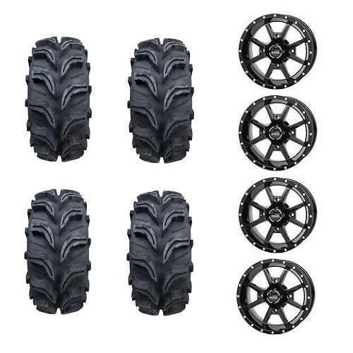 Interco Vampire II Tires 2 ea. 26x9-12 & 2 ea. 26x10-12 Frontline Black Wheels Mounted