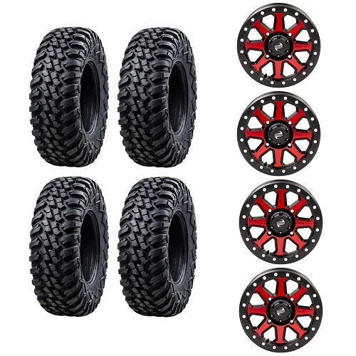 Tusk Terrabite 28x10-15 Tires Mounted on Tusk Uinta Candy Red 4/156 Beadlock Wheels
