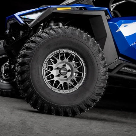 Assault Industries Hellfire Beadlock Wheels - Matte Titanium Mounted