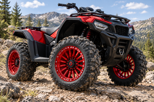 
                  
                    Fuel UTV D125 Candy Red Rincon Beadlock Wheels on an ATV
                  
                