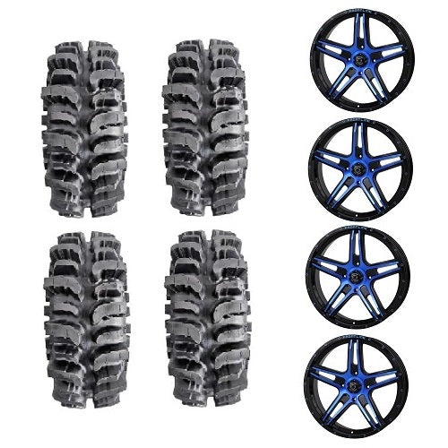 Interco Bogger UTV Tires 35x9.5-20 Mounted on Frontline 505 Blue Wheels