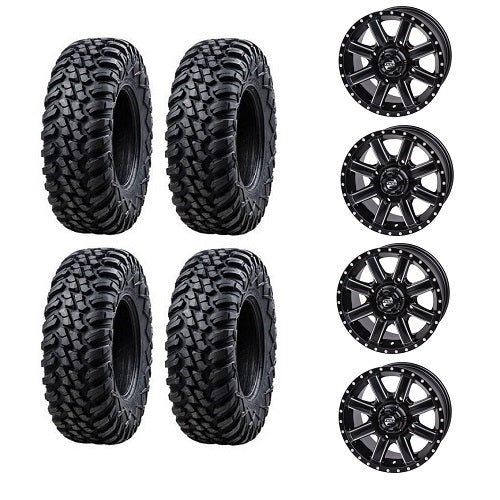 
                  
                    Tusk Aramid Terrabite 32x10-14 Tires Mounted on Tusk Cascade Black Machined 4/137 Wheels
                  
                