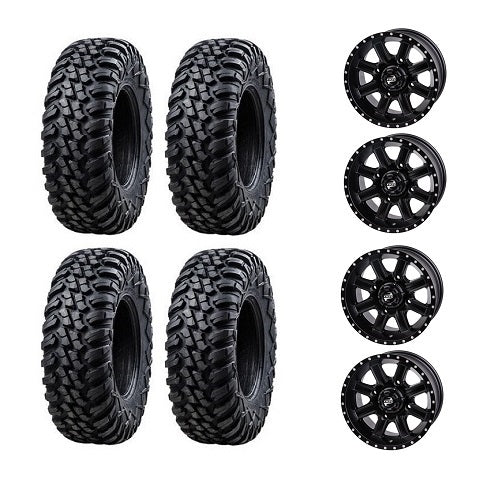 
                  
                    Tusk Aramid Terrabite 27x9-12 Tires Mounted on Tusk Cascade Black 4/156 Wheels
                  
                