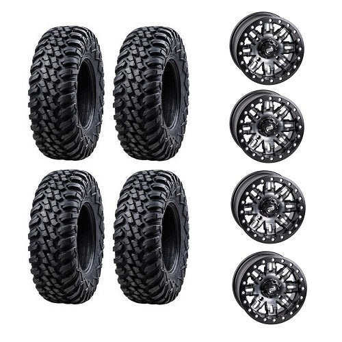 
                  
                    Tusk Aramid Terrabite 30x10-15 Tires Mounted on Tusk Teton Gun Metal 4/137 Beadlock Wheels
                  
                