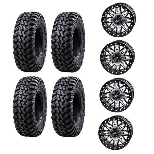 Tusk Aramid Terrabite 28x10-14 Tires Mounted on Tusk Teton Machined 4/110 Beadlock Wheels