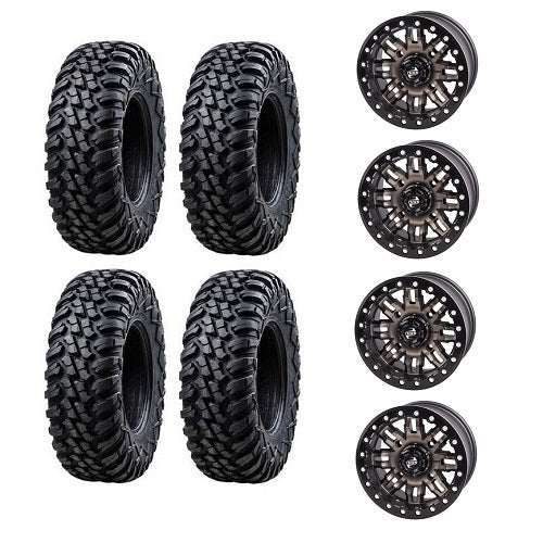 
                  
                    Tusk Aramid Terrabite 28x10-14 Tires Mounted on Tusk Teton Smoke 4/137 Beadlock Wheels
                  
                