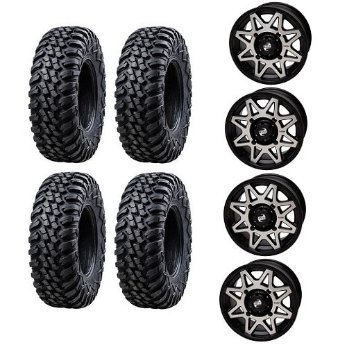 Tusk Aramid Terrabite 28x10-14 Tires Mounted on Tusk Tintic Machined 4/110 Wheels