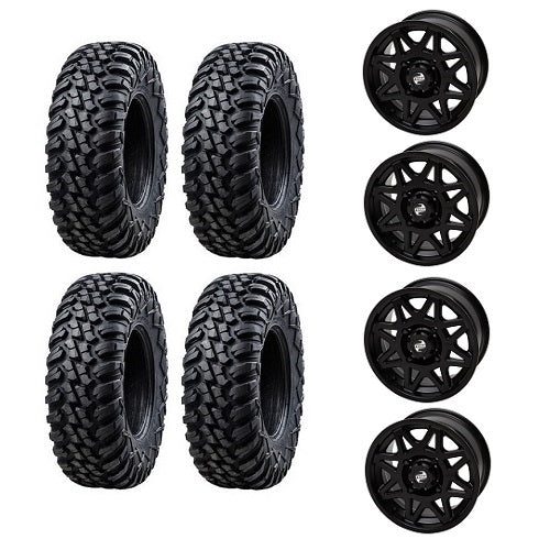 
                  
                    Tusk Aramid Terrabite 32x10-15 Tires Mounted on Tusk Tintic Black 4/156 Wheels
                  
                