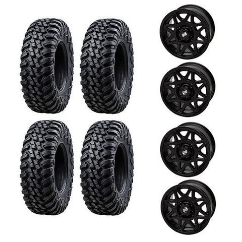 Tusk Aramid Terrabite 28x10-14 Tires Mounted on Tusk Tintic Black 4/156 Wheels
