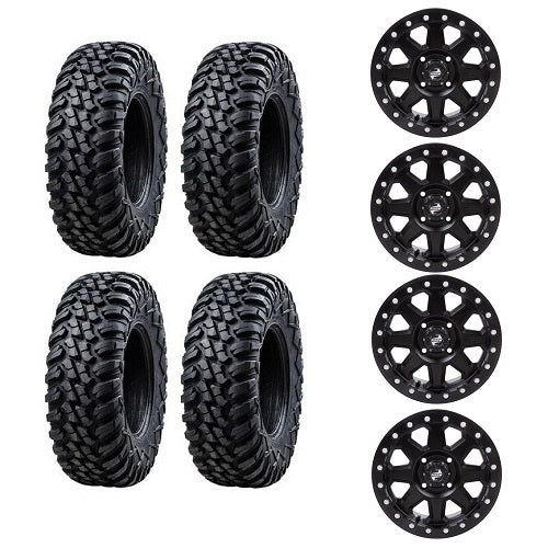 
                  
                    Tusk Aramid Terrabite 28x10-14 Tires Mounted on Tusk Teton Uinta Black 4/110 Beadlock Wheels
                  
                