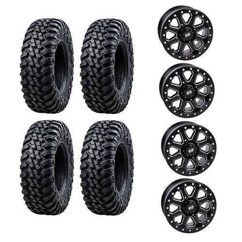 
                  
                    Tusk Aramid Terrabite 32x10-15 Tires Mounted on Tusk Uinta Milled Black 4/156 Beadlock Wheels
                  
                