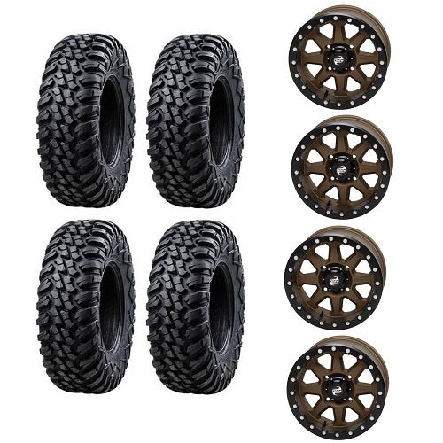 
                  
                    Tusk Aramid Terrabite 32x10-15 Tires Mounted on Tusk Uinta Bronze 4/137 Beadlock Wheels
                  
                