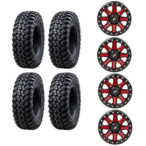 
                  
                    Tusk Aramid Terrabite 30x10-15 Tires Mounted on Tusk Uinta Candy Red 4/156 Beadlock Wheels
                  
                