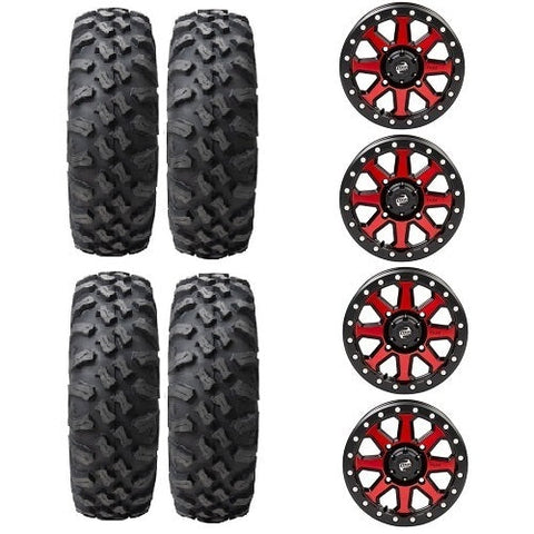 Tusk Megabite 32x10-15 Tires Mounted on Tusk Uinta Candy Red 4/156 Beadlock Wheels