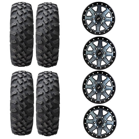 Tusk Megabite Tire & Wheel Kits Mounted on Tusk Uinta Gun Metal & Black Beadlock Wheels