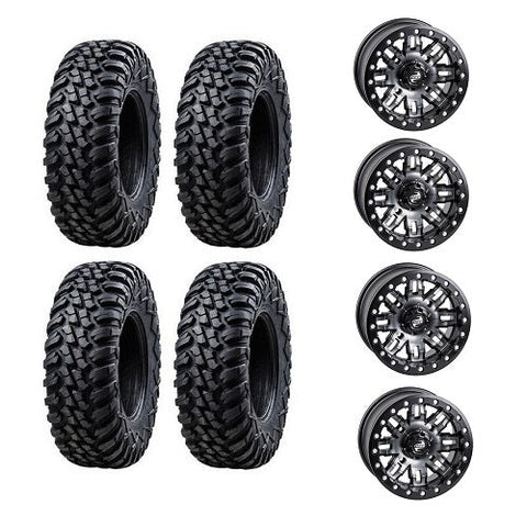 Tusk Terrabite 2 ea. 27x9-14 & 2 ea. 27x11-14Tires Mounted on Tusk Teton Gun Metal 4/137 Beadlock Wheels