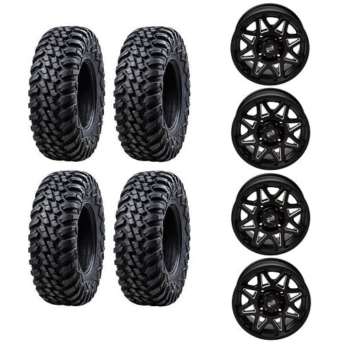 
                  
                    Tusk Terrabite 2 ea. 26x9-14 & 2 ea. 26x11-14 Tires Mounted on Tusk Tintic Black & Milled 4/110 Wheels
                  
                