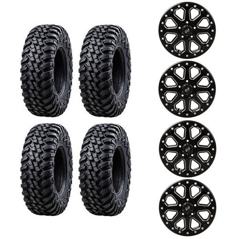 Tusk Megabite Tire & Wheel Kits 32x10-15 Mounted on Tusk Uinta Milled Black 5/4.5 Beadlock Wheels