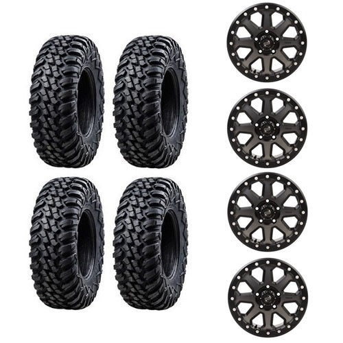 Tusk Aramid Terrabite Tire & Wheel Kits 30x10-15 Mounted on Tusk 5/4.5 Uinta Gun Metal Beadlock Wheels - Set of 4