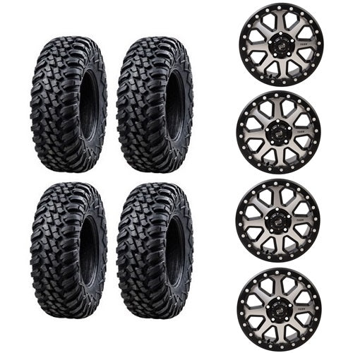 
                  
                    Tusk Aramid Terrabite 30x10-15 Tires Mounted on Tusk Uinta Machined & Black 4/156 Beadlock Wheels
                  
                