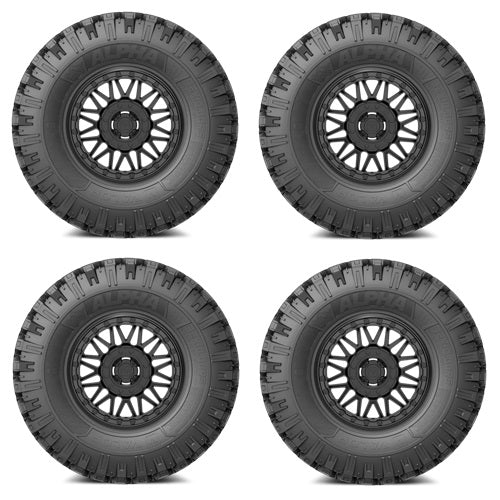 
                  
                    VALOR OFFROAD Alpha Tires Mounted on VALOR V08 Satin Black Beadlock Wheels
                  
                