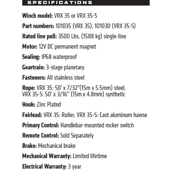 
                  
                    WARN VRX 35-S Powersports Winch - Specs
                  
                