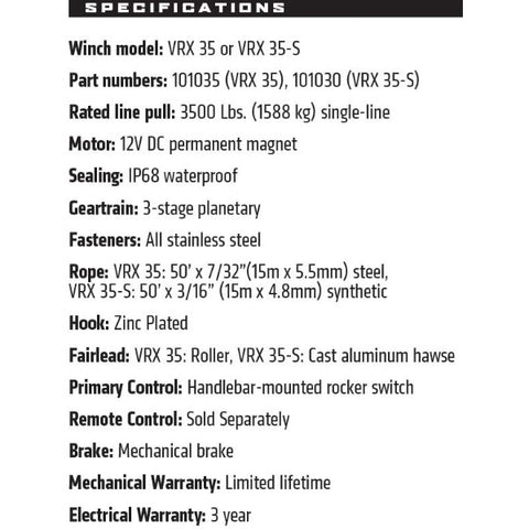 WARN VRX 35-S Powersports Winch - Specs