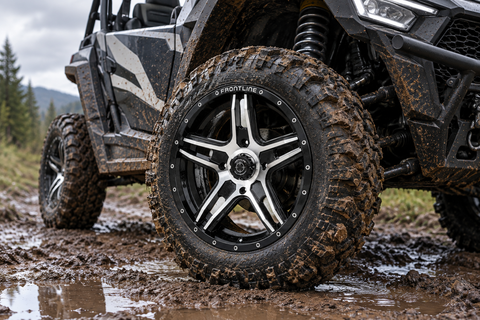 505 Black-and-machined Frontline wheels installed on a Side-by-Side UTV