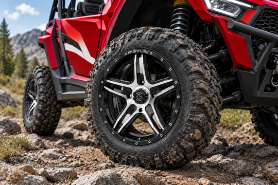 
                  
                    505 black-and-machined Frontline wheels on a UTV
                  
                