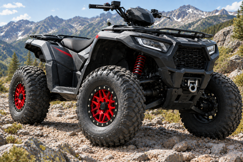DragonFire Racing Typhon red 15x6 wheel with black beadlock ring and reference spoke design installed on an ATV on a mountain trail