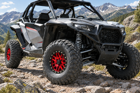 DragonFire Racing Typhon red 15x6 wheel with black beadlock ring and reference spoke design installed on a Side-by-Side UTV on a mountain trail
