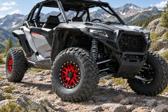 
                  
                    DragonFire Racing Typhon red 15x6 wheel with black beadlock ring and reference spoke design installed on a Side-by-Side UTV on a mountain trail
                  
                