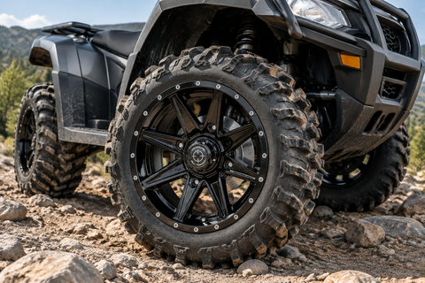 308 Glossy black wheels on an ATV