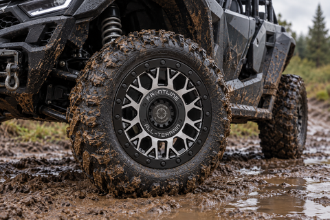 454 Machined and black Frontline All-Terrain wheels installed on a Side-by-Side 