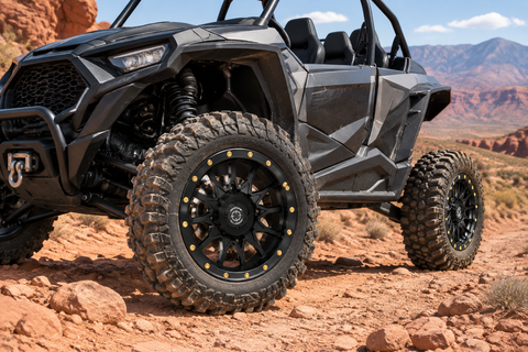 223 Black beadlock wheel installed on a Side-by-Side UTV