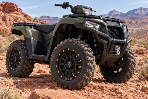 223 Black beadlock wheel installed on an ATV