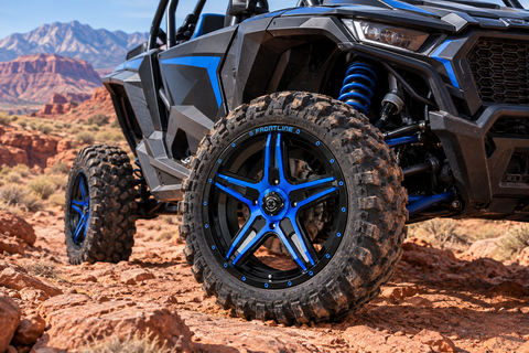 505 Blue-and-black Frontline wheels installed on a Side-by-Side UTV