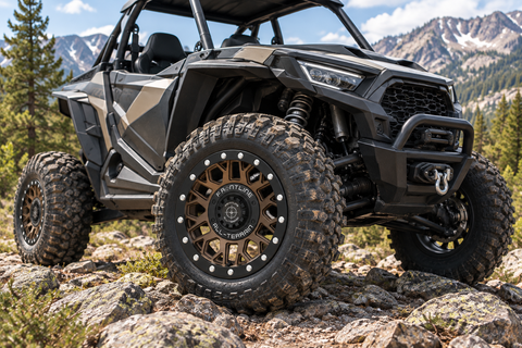 454 Matte bronze and black Frontline All-Terrain wheel installed on a Side-by-Side UTV