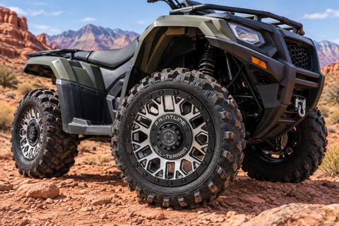 454 Machined and black Frontline All-Terrain wheels installed on an ATV