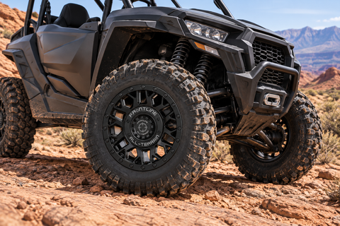 454 Matte Black Frontline All-Terrain wheels installed on a Side-by-Side UTV
