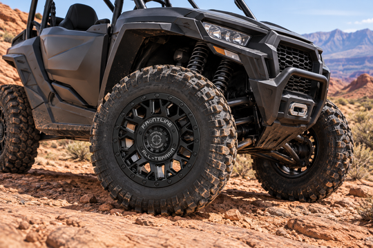 
                  
                    454 Matte Black Frontline All-Terrain wheels installed on a Side-by-Side UTV
                  
                