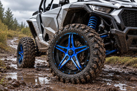 505 blue-and-black Frontline wheels on a UTV